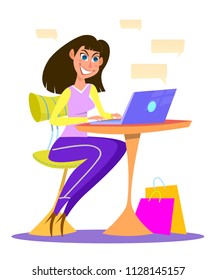 Woman talking on a laptop. Cartoon vector illustration