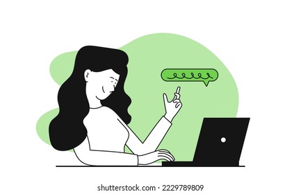 Woman talking on a laptop vector illustration concept. Remote communication and online technology. Network meeting or conference from home. Digital webinar and connection to learning. Virtual message