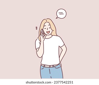 woman talking on mobile phone. Hand drawn style vector design illustrations.