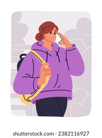 Woman talking on mobile phone, walking on street. Happy smiling girl speaking during cellphone call. Female character going with smartphone outdoors. Cellular communication. Flat vector illustration