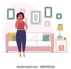 A woman is talking on the phone against the background of interior furniture. Vector illustration in a flat style.