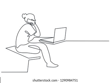 Woman talking on phone continuous one line vector drawing. Girl sitting at table with laptop hand drawn female silhouette. Studying at home, remote job, freelance. Minimalistic contour illustration