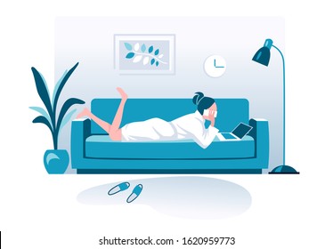 Woman talking on phone flat vector illustration. Working from home, remote job. Online shopping. Freelance, e-learning concept. Girl lying on bed, using laptop. Freelancer, student cartoon character