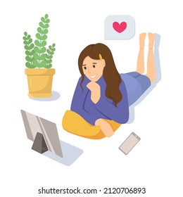 Woman talking on phone flat vector illustration. Working from home, remote job. Online shopping. Freelance, e-learning concept. Girl lying on bed, using laptop. Freelancer, student cartoon character