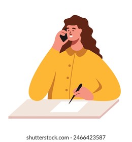 Woman talking on the phone at her desk. Businesswoman. Online consultations. Freelancer concept. Flat style. Vector illustration isolated on a white background