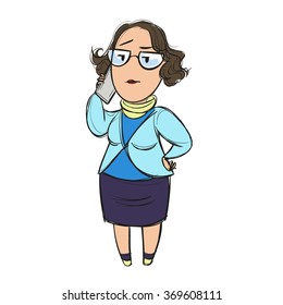 Woman talking on the phone looking annoyed, doubtful and skeptical as if she has no trust in the info she hears, hand on the hip, cartoon