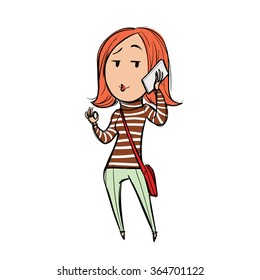 Woman talking on the phone, puckering lips and making OK sign as if giving a guarantee or approving high quality or fine solution of a problem, cartoon