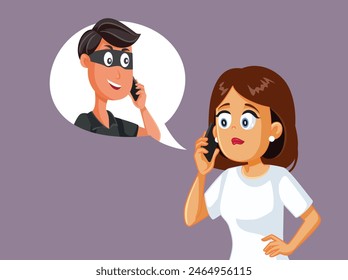 
Woman Talking on the Phone with a Scammer Vector Cartoon. Victim of online scamming scheme giving her personal data
