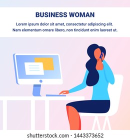 Woman Talking on Phone. Sits on Chair near Computer. Business Woman. Working Process. Training for Women. Vector Illustration. Woman in Work in Office. Business Training. Workplace with Computer.