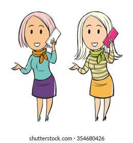 Woman talking on the phone smiling, cartoon