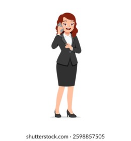 Woman talking on phone, standing, wearing suit, smiling, full body vector illustration
