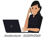 A woman talking on the phone while using a laptop. The background is white and simple. Vector Flat Illustration