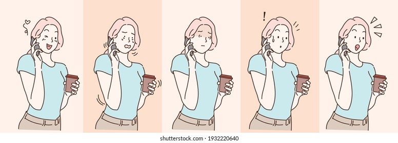 Woman talking on smartphone and holding takeaway coffee.  Woman display various emotional expressions. Hand drawn in thin line style, vector illustration.