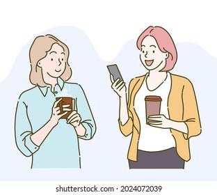 Woman talking on smartphone and holding takeaway coffee. Hand drawn in thin line style, vector illustrations. 