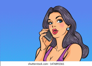 woman talking on the smartphone. Pop art retro comicsexy girl with phone in the hand in comic style. Pop art woman holding smartphone.
