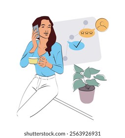 Woman talking on a smartphone while holding a cup, with abstract icons in the background. Clean line art style, ideal for communication and multitasking themes. Flat vector illustration
