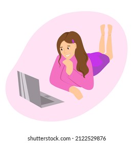 Woman talking on tablet flat vector illustration. Working from home, remote job. Online shopping. Freelance, e-learning concept. Girl lying on floor, using laptop. Freelancer, student cartoon characte