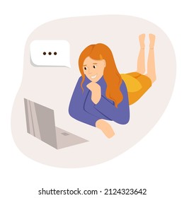 Woman talking on tablet flat vector illustration. Working from home, remote job. Online shopping. Freelance, e-learning concept. Girl lying on floor, using laptop. Freelancer, student character