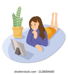 Woman talking on tablet flat vector illustration. Working from home, remote job. Online shopping. Freelance, e-learning concept. Girl lying on floor, using laptop. Freelancer, student character