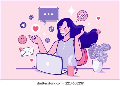 woman talking online via mobile phone. Social media on mobile concept. Influencer marketing. People Watch Broadcasting, Streaming Video Post. Flat style minimal vector illustration.