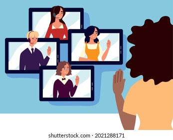 woman talking to people through smartphone screen