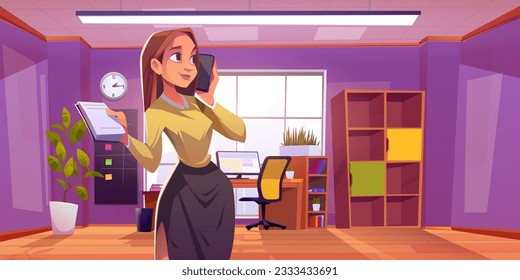 Woman talking phone in cabinet room background. Manager corporate office workplace interior with computer table, modern chair and plant near window. Businesswoman or employee in studio illustration