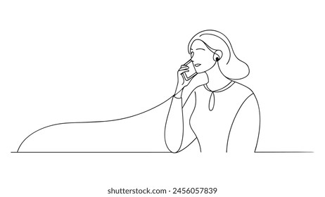 Mujer hablando teléfono línea continua Ilustración vectorial de arte sobre fondo blanco.