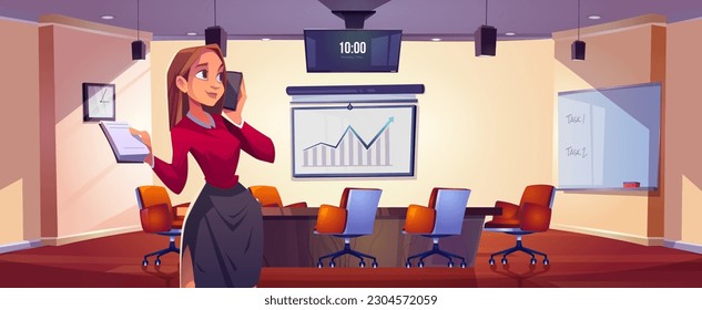 Woman talking phone in office conference room vector illustration. Modern business meeting boardroom for consultation, presentation or training with table, screen and whiteboard cartoon background.