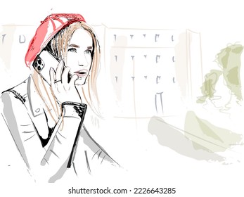 Woman talking at the phone in vintage french style hat vector