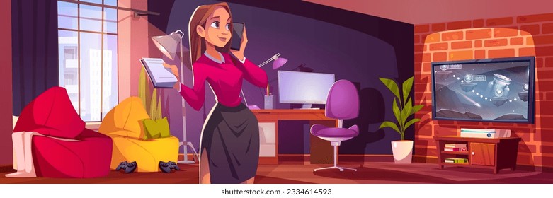 Woman talking in play room with game on tv cartoon vector interior background. Console with joystick and businesswoman character enjoy house livingroom with workspace zone furniture decoration.