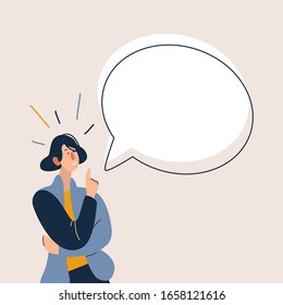 Woman talking and points her finger at bubble speech above her.  Flat cartoon vector illustration. 