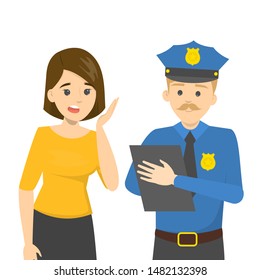 Woman talking to a police officer. Male character in the uniform writing on the clipboard. Professional occupation. Isolated vector illustration in cartoon style