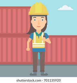 A woman talking to a portable radio on cargo containers background vector flat design illustration. Square layout.