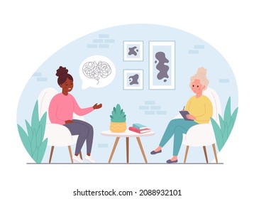 Woman talking with psychologist. Psychology therapy, mental health, depression. Vector illustration