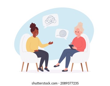 Woman talking with psychologist. Psychology therapy, mental health, depression. Vector illustration