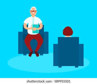 Woman talking with a psychologist sitting in armchair. Vector illustration