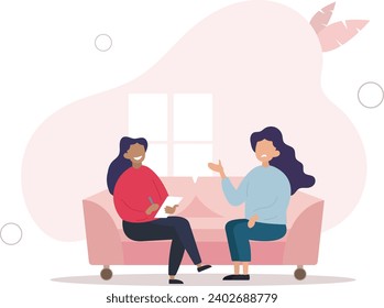 woman talking to psychologist sitting on sofa. Mental health concept,.flat vector illustration.