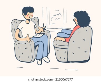 A woman is talking to a psychologist. Vector illustration in cartoon style.