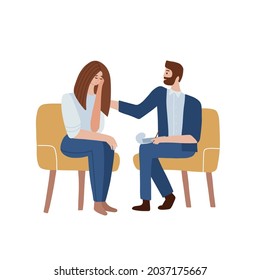 Woman talking to psychotherapist and crying. Male psychologist sits in a chair and listens to the client's problems and expresses support . Flat vector illustration.