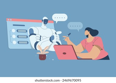 Mujer hablando con robot Haz preguntas y obtén respuestas en el servicio de chatbot. Chatbot AI comunicación en línea, Conversaciones automatizadas de texto o voz, Aumentar la eficacia en los negocios, diseño de Vectores.