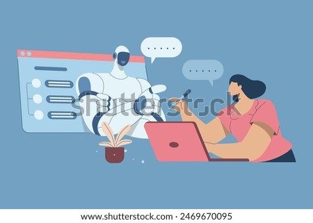 Woman talking to robot Ask questions and get answers in the chatbot service. Chatbot AI online communication, Automated text or voice conversations, Increasing efficiency in business, Vector design.