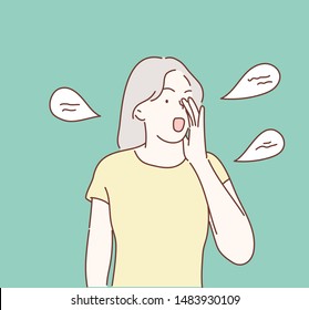 Woman talking rumors or whispering, holding hand near mouth. Hand drawn style vector design illustrations.