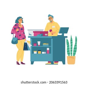 Woman Talking To Sale Assistant Or Paying To Buy New Fashionable Shoes In Footwear Store, Male Salesman Helping Her In Flat Vector Illustration Isolated On White. Shelves With Shoe Care Products