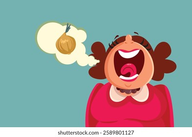 
Woman Talking Smelling Onion Like Vector Character. Lady having a bad breath problem from plaque and nasty food
