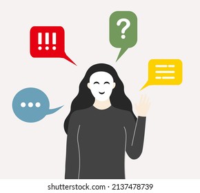 Woman talking with smiling mask hiding face expressions. Communication, social, liar, deception, fraud concepts. Flat character vector design illustrations.