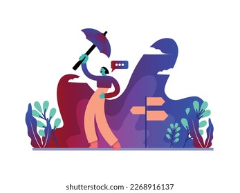 woman talking with someone with traveling, outdoors, gradient umbrella flat illustration template EPS10