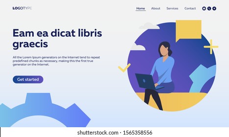 Woman talking to someone via the Internet. Speech bubble, social network. Flat vector illustration with freelance and communication concept for banner, website design or landing web page