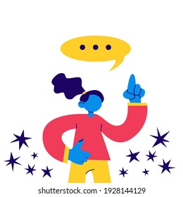 Woman talking, speaking, pointing, ok gesture, finger up, speech bubble. Girl student, female teacher, speaker, leader character. Concept: education, study, speak, talk, message. Vector illustration 
