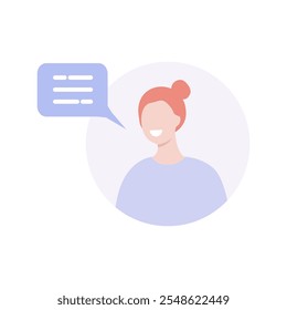 Woman talking with speech bubble. Communication, comment, conversation, dialog concepts. Flat character vector design isolated illustration. 