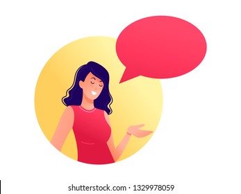 Woman talking with speech bubble. Place for text. Could be used for blogs, social media, advertising, web-design etc. Flat vector illustration